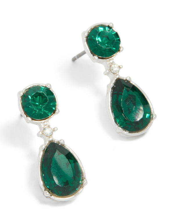 Silver Green Teardrop & Circle Diamante Earrings