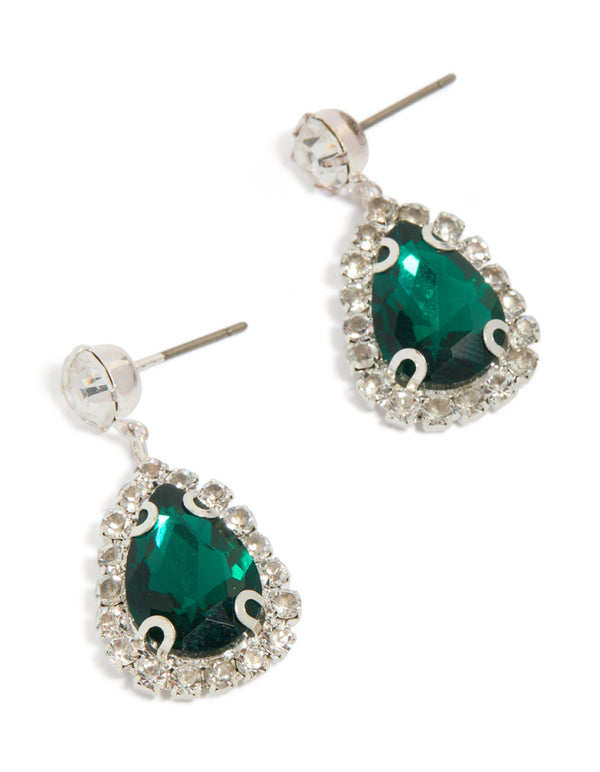 Silver Green Teardrop Diamante Outline Drop Earrings