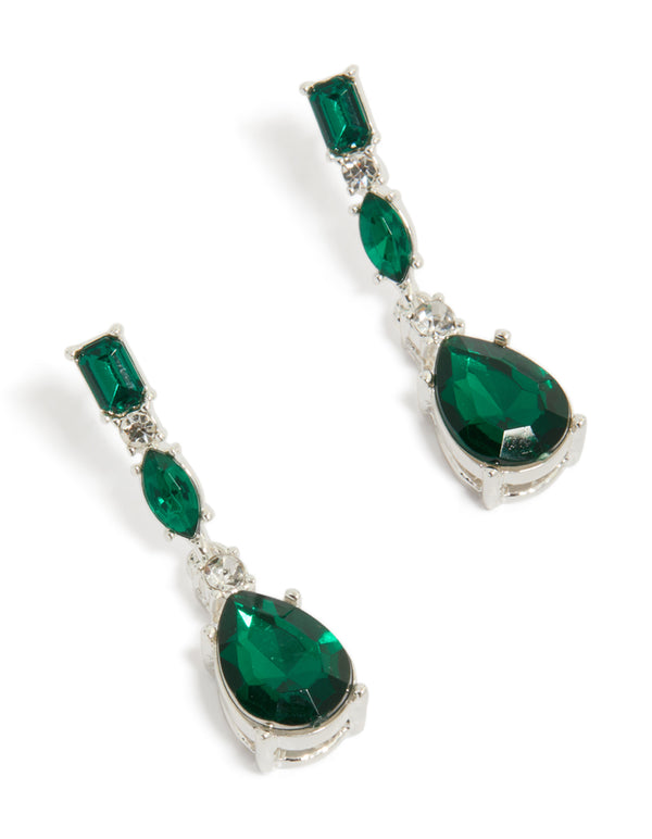 Silver Teardrop Green Diamante Drop Earrings