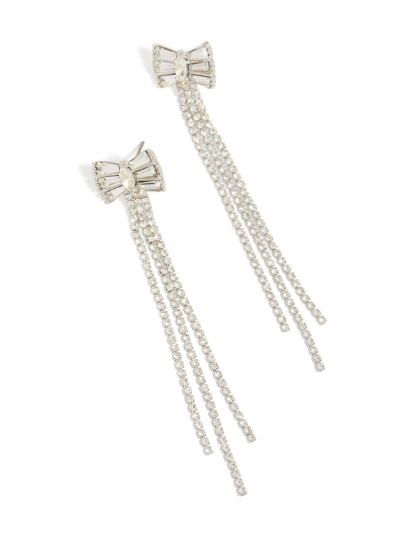 Silver Bow Diamante Cupchain Strands Drop Earrings
