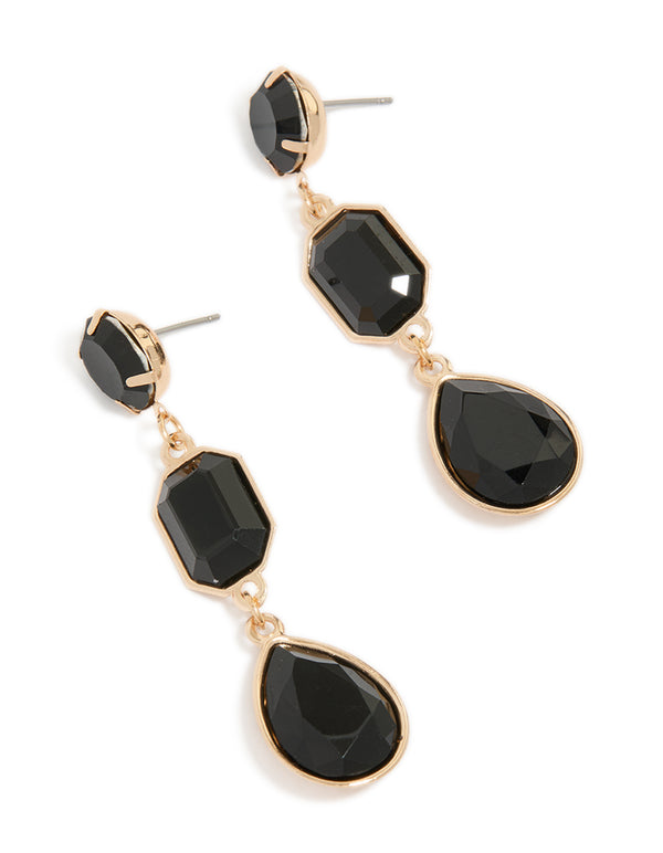 Gold Multi-Shaped Black Diamantes Drop Earrings