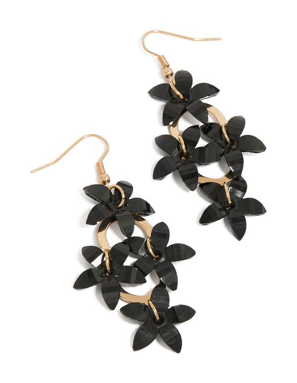 Gold Four Black Flowers Drop Earrings