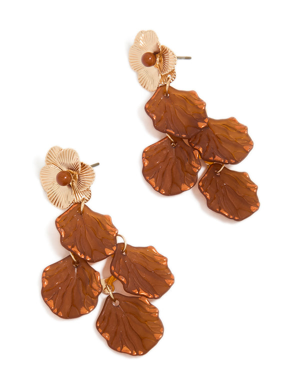 Gold Cognac Brown Petal Drop Stud Earrings