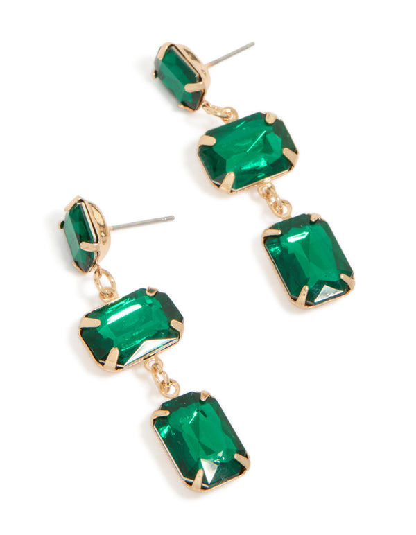 Gold Rectangle Green Diamante Drop Earrings