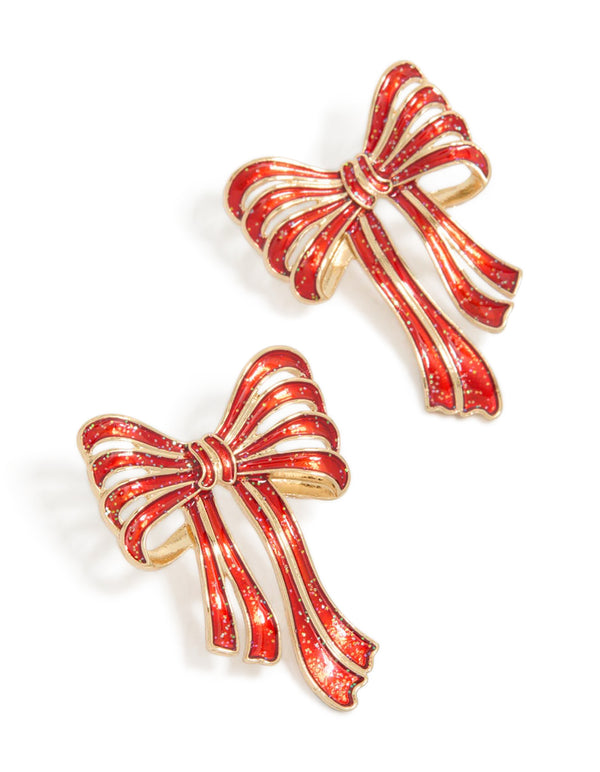 Gold Oversized Red & White Striped Bow Earrings