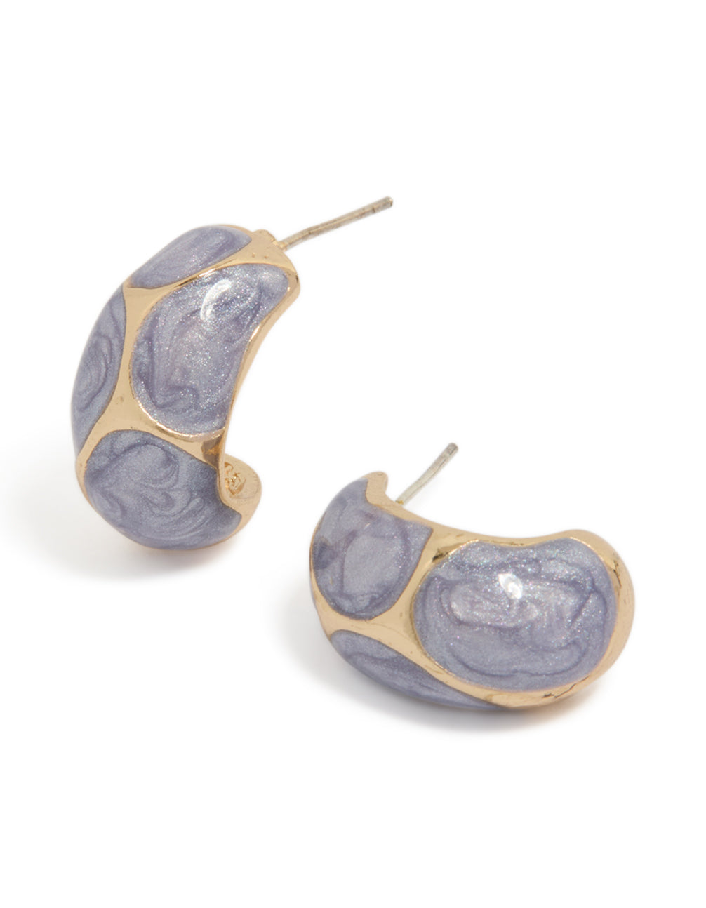 Showcasing gold marble lilac enamel huggie earrings with glitter accents in plum and lavender tones front view