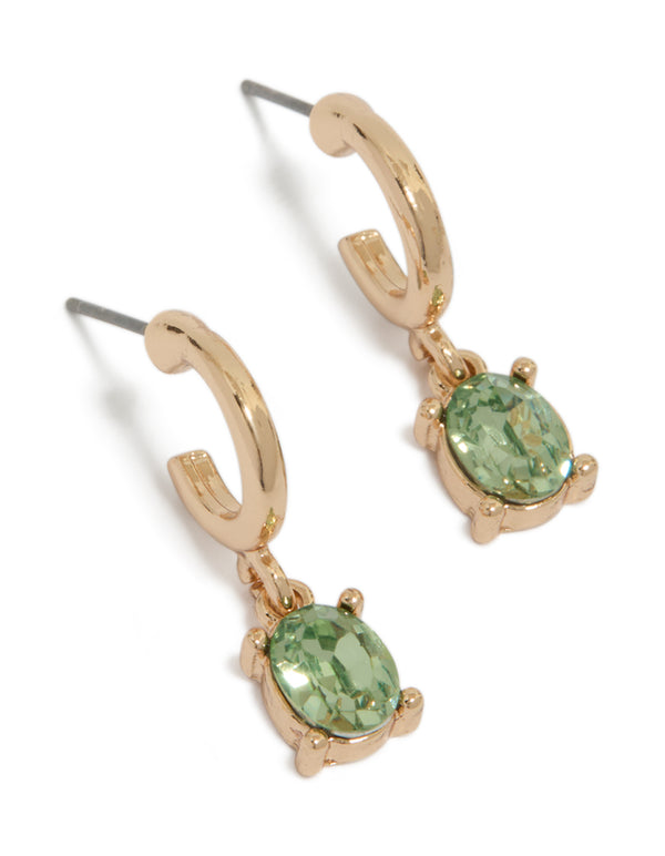 Gold Oval Olive Green Diamante Huggie Earrings