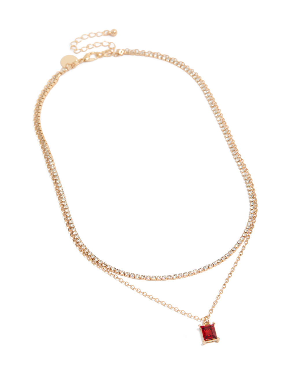Showcasing a gold cupchain red baguette layered necklace front view