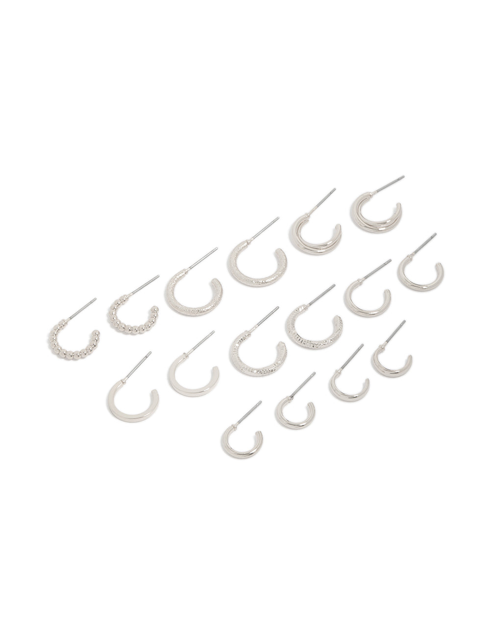Presenting a set of thin round hoop earrings in silver with 8-pack included front view