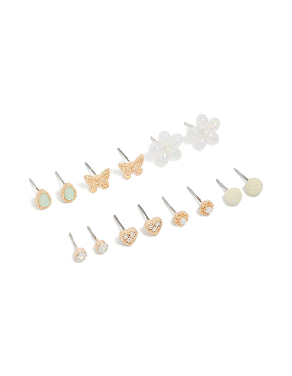 Gold Diamante & Pearl Flower Earrings 7-Pack