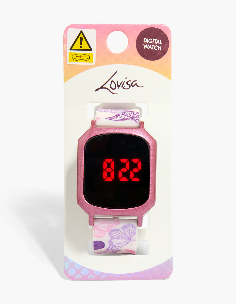 Explore a kids slim butterfly print digital watch with black dial featuring rectangle shape in multi-color silicone strap crafted for kids and casual occasions case detail view