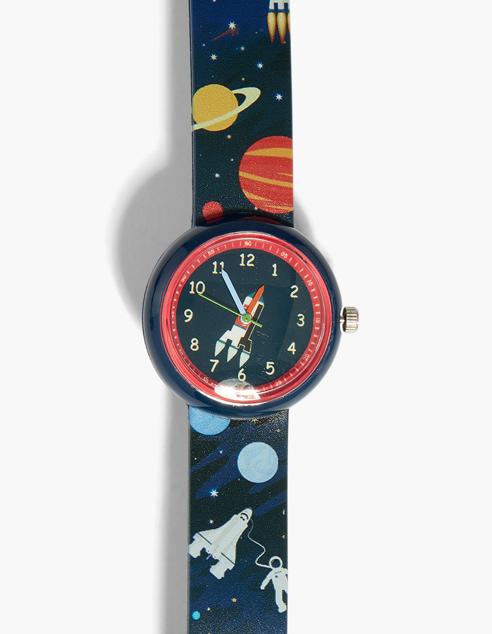 Designed with Silver kids Space & Planet Watch on a black dial with round shape for kids, casual wear in analog type with multi-color silicone strap front view