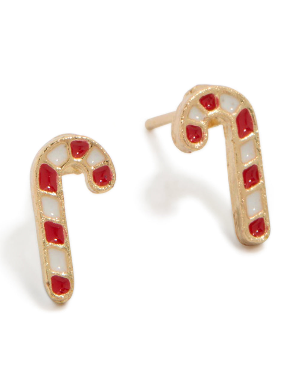 Festive chunky gold stud earrings featuring red and white candy cane design front view
