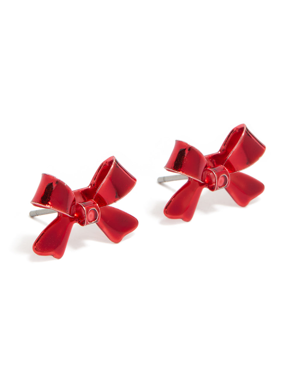 Featuring shiny red acrylic bow stud earrings in a glossy finish front view