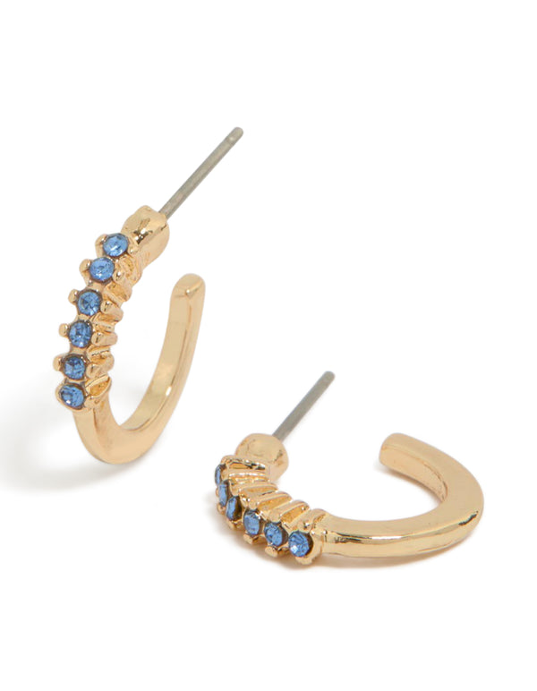 Gold Light Blue Diamante Row Huggie Earrings
