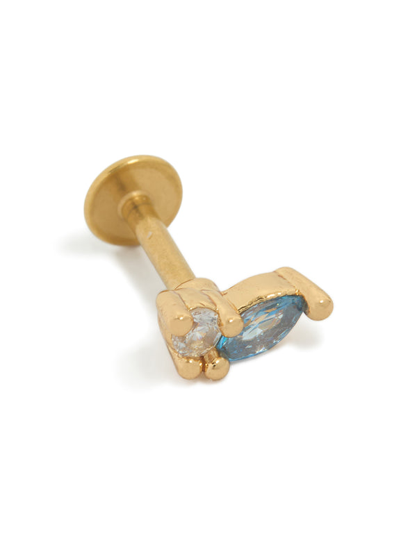 Showcasing gold plated surgical steel cubic zirconia blue marquise and circle single flat back stud with crystal featuring stud closure front view