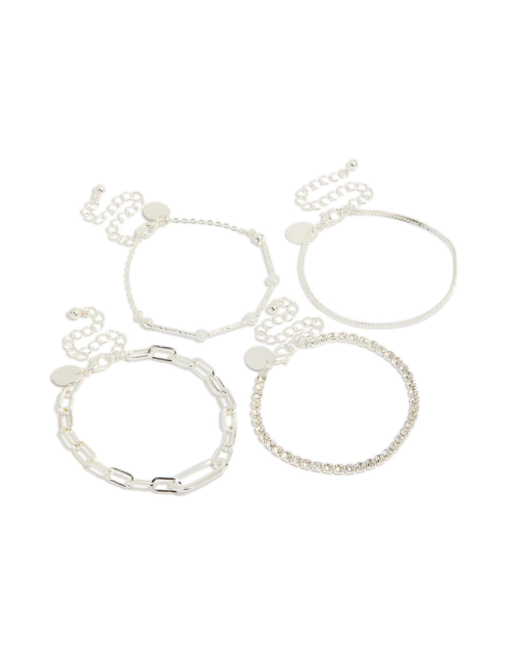 Showcasing a silver diamante tennis and pearl bracelets 4-pack featuring charm details in statement style front view