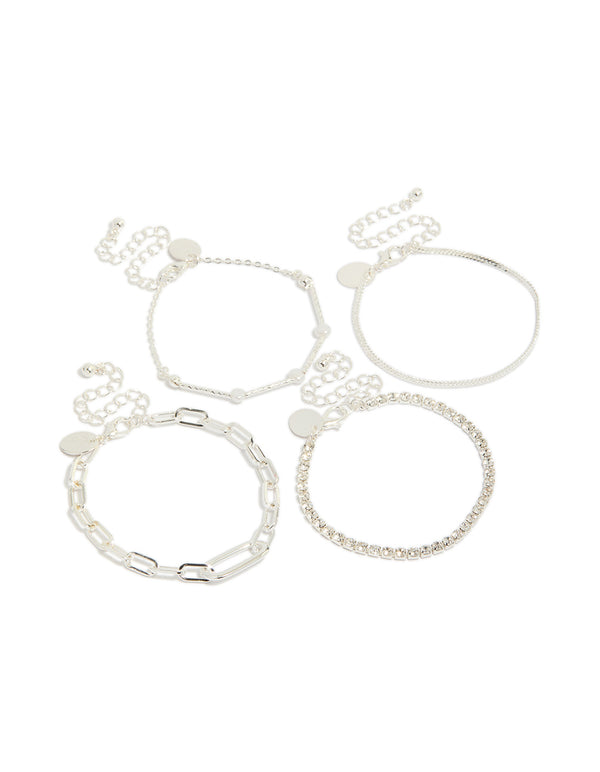 Silver Diamante Tennis & Pearl Bracelets 4-Pack