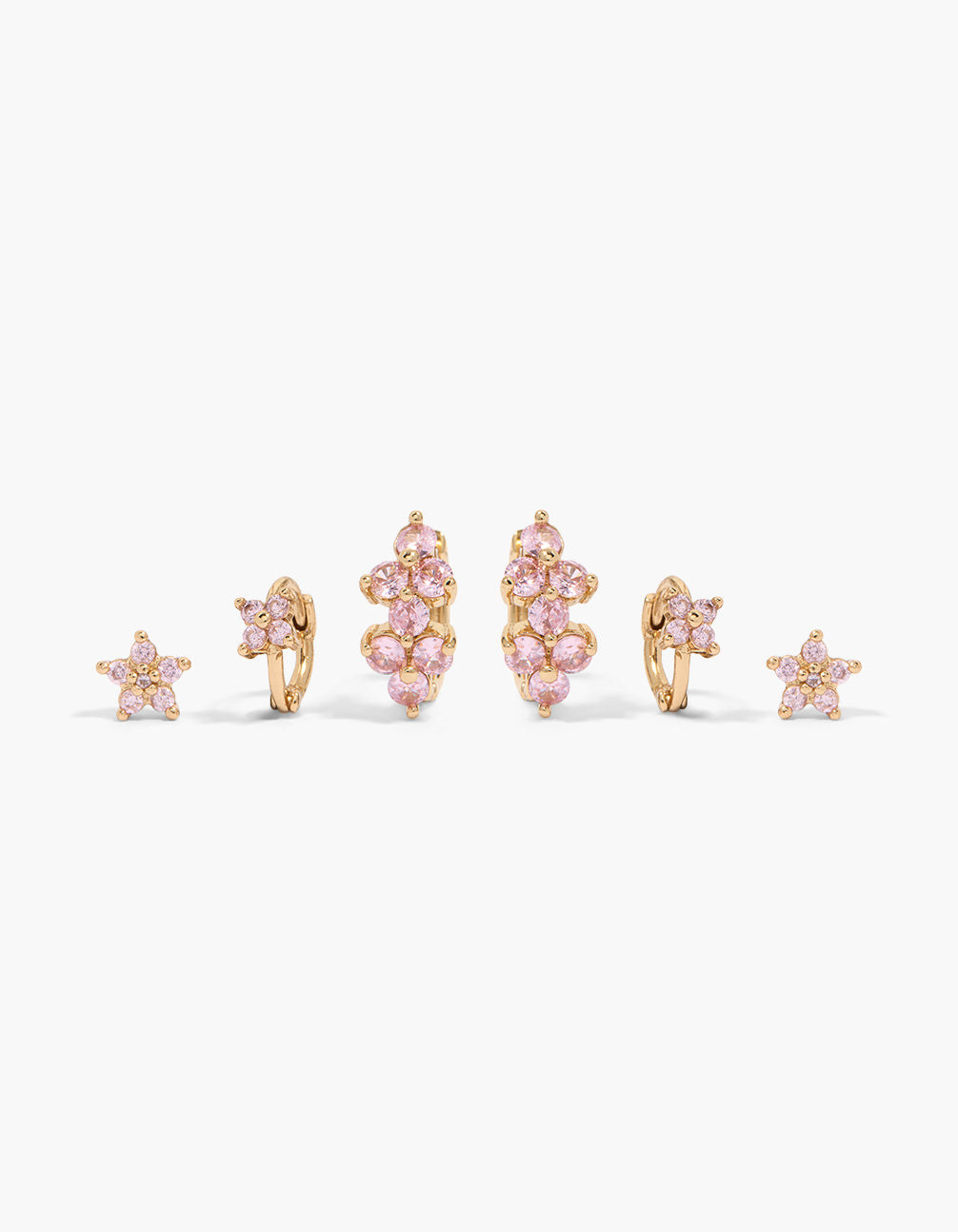 Gold Pink Cubic Zirconia Flower Stud & Huggie Earrings 3-Pack