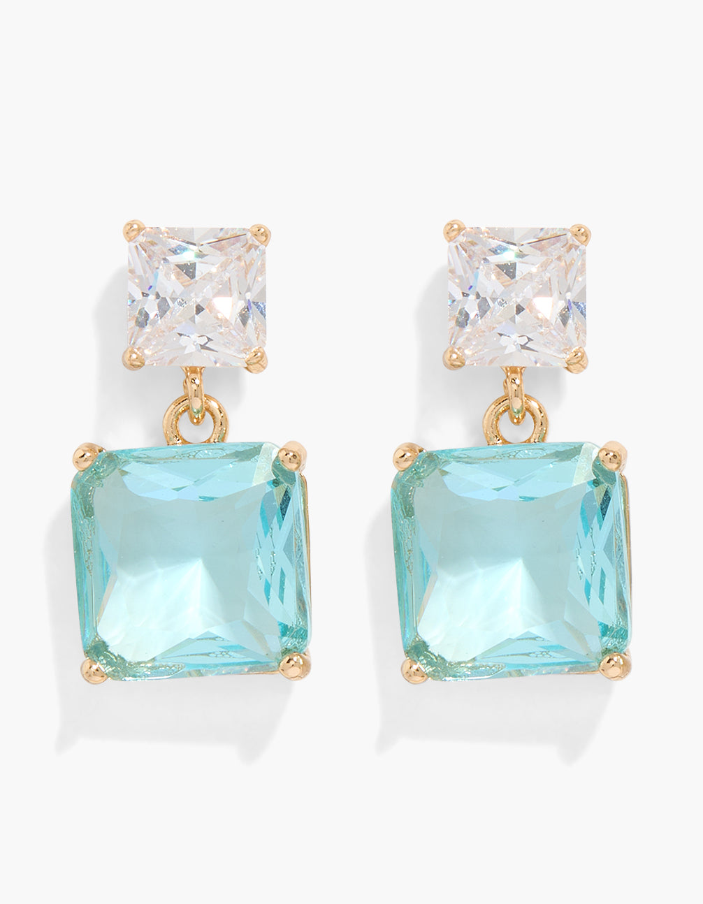 Gold Light Blue & Clear Cubic Zirconia Double Drop Earrings