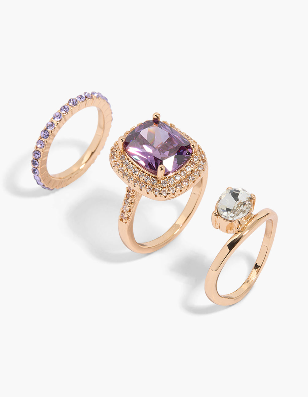 Gold Clear & Purple Cubic Zirconia Rings 3-Pack
