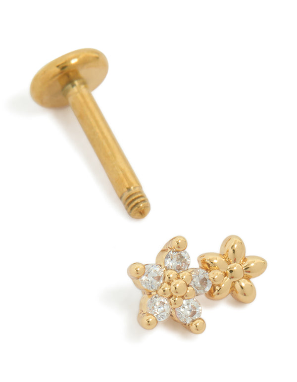 Crafted from gold plated titanium featuring cubic zirconia, this dainty single double flower stud with flat back closure in gold and clear tones front view