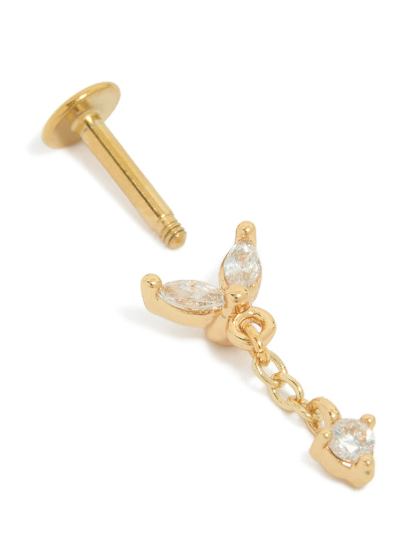 Crafted from gold plated titanium cubic zirconia fan chain single flat back stud with crystal in clear post detail view