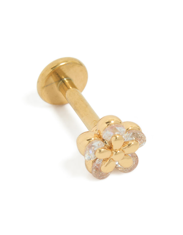 Featuring dainty cubic zirconia layered flower single flat back stud with titanium construction in gold plated finish and clear gemstones front view