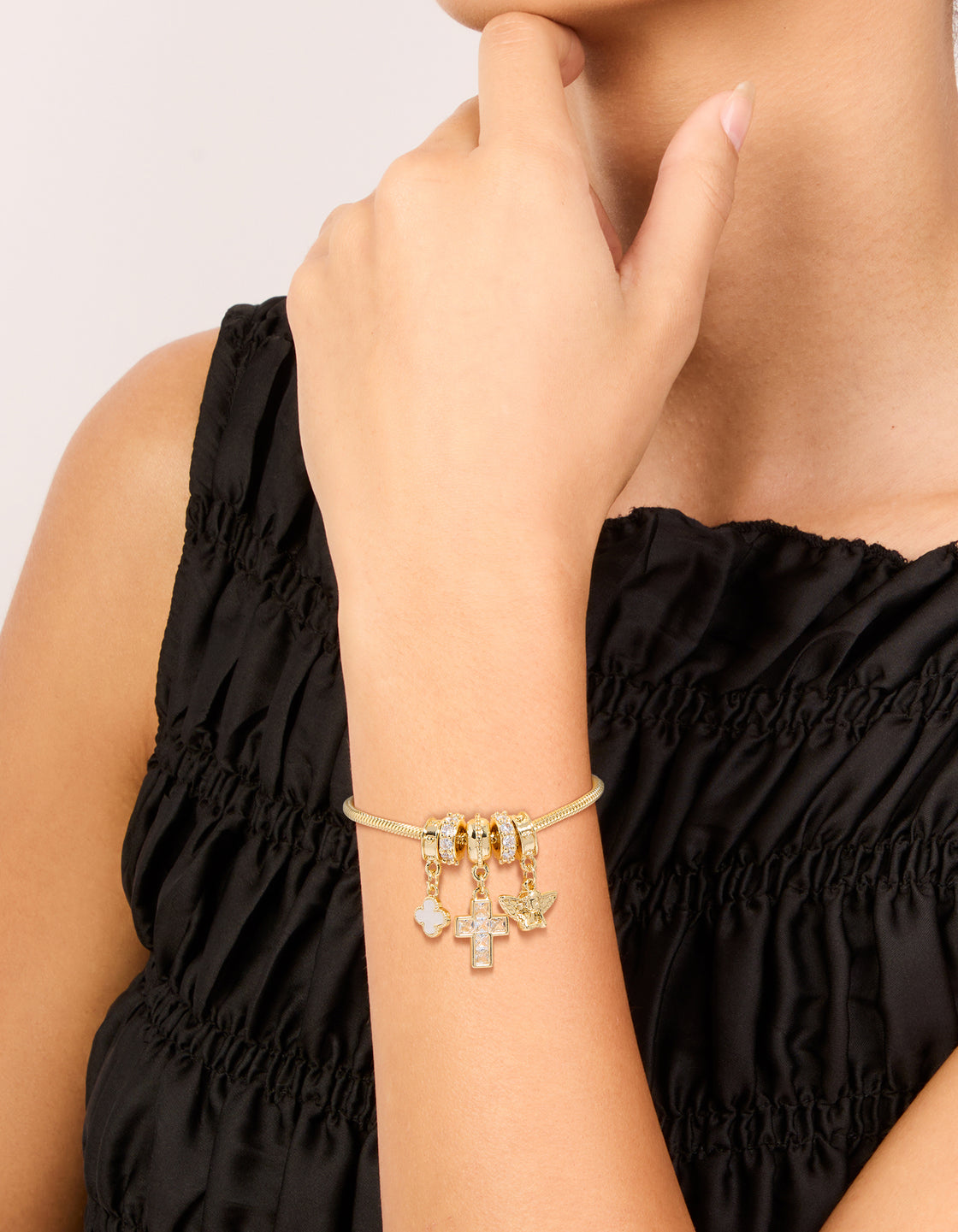 Gold Plated Cubic Zirconia Angel & Cross Toggle Bracelet