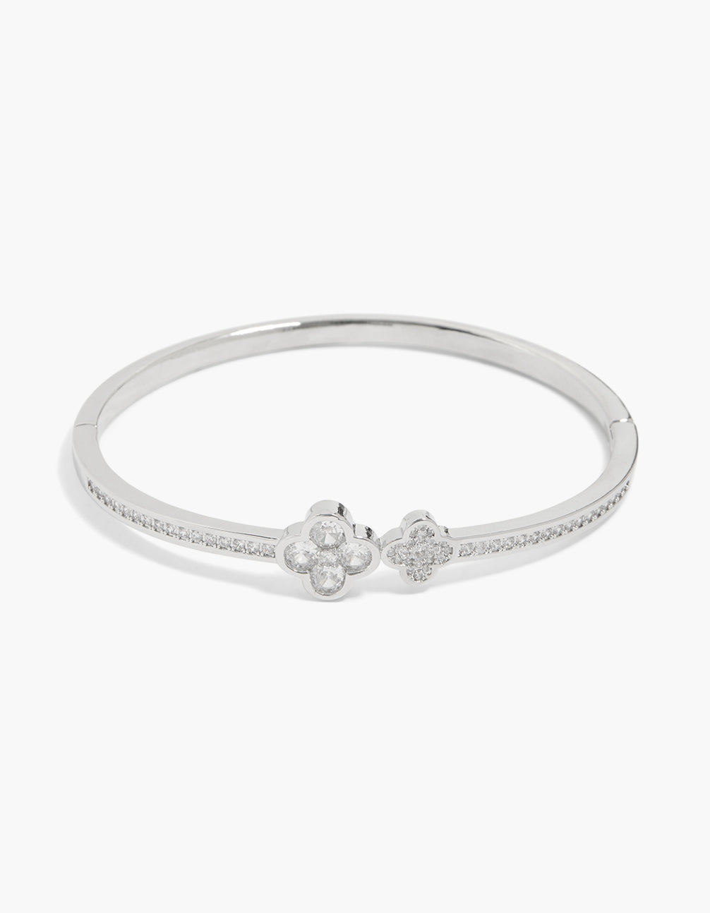 Showcasing a cubic zirconia double floral pavé bracelet in silver with clear accent front view
