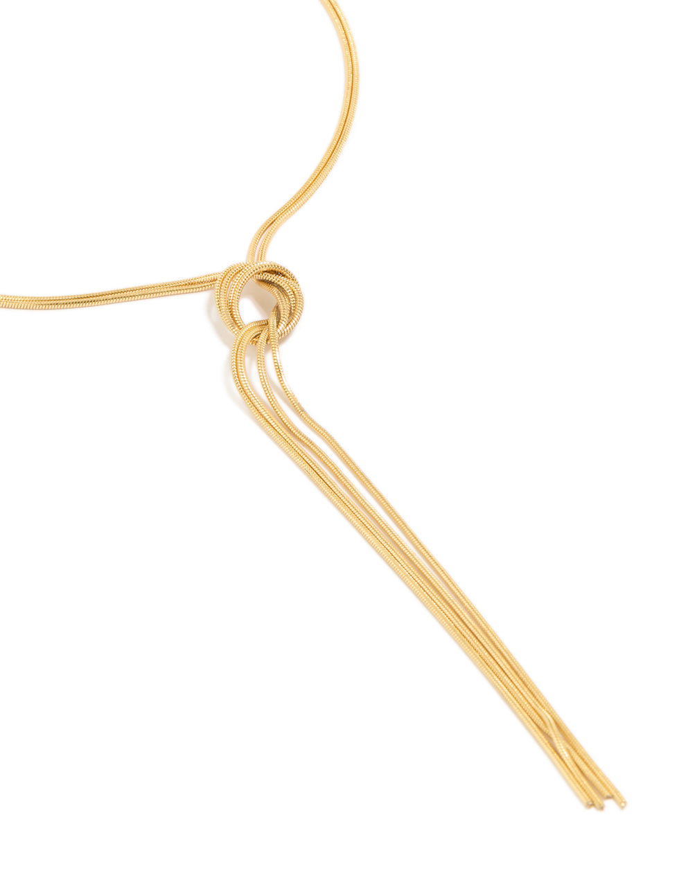 Featuring a gold plated layered knot Y-necklace in a close up view