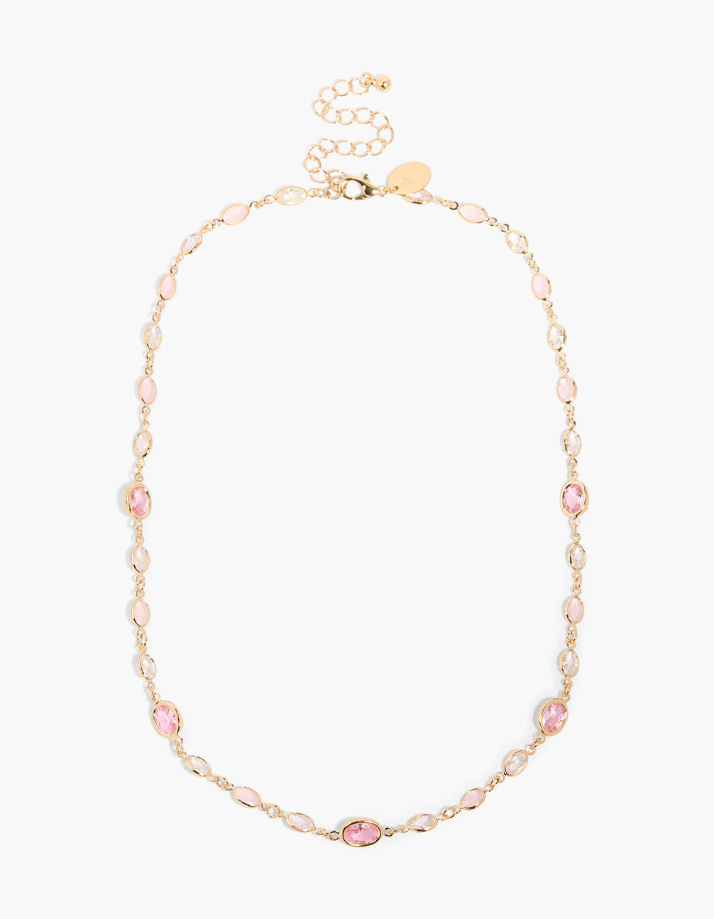 Beautifully crafted gold plated pink cubic zirconia ovals necklace front view