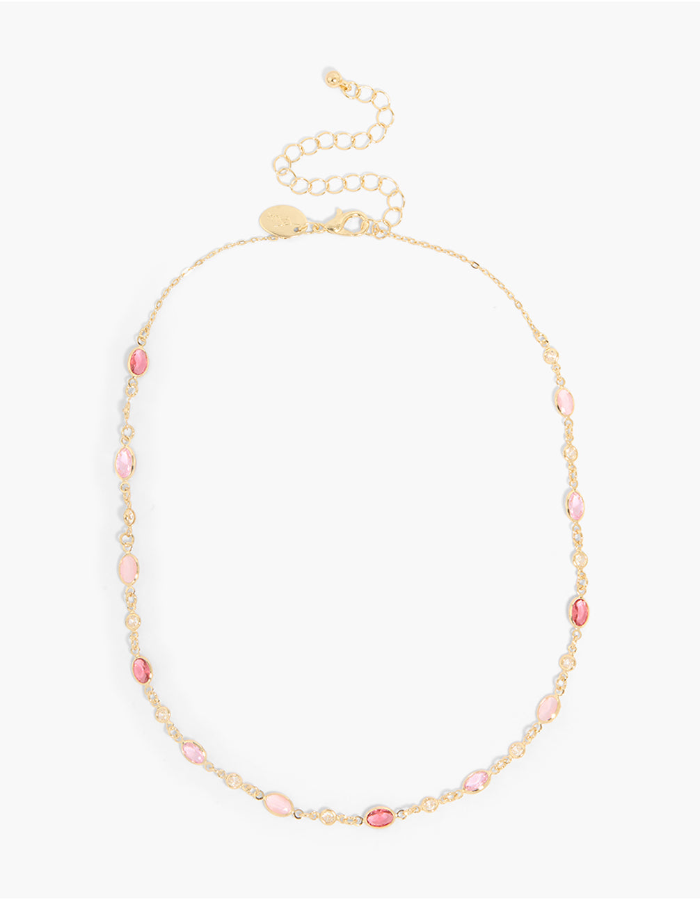Showcasing gold plated necklace with pink cubic zirconia oval stones in statement style front view