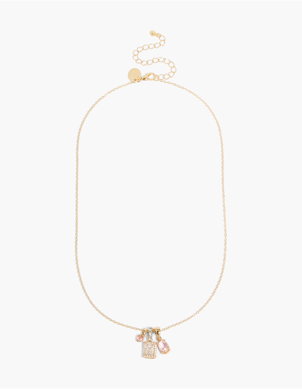 Showcasing a gold plated multicoloured baguette and heart cubic zirconia multi charm necklace with clasp detail front view