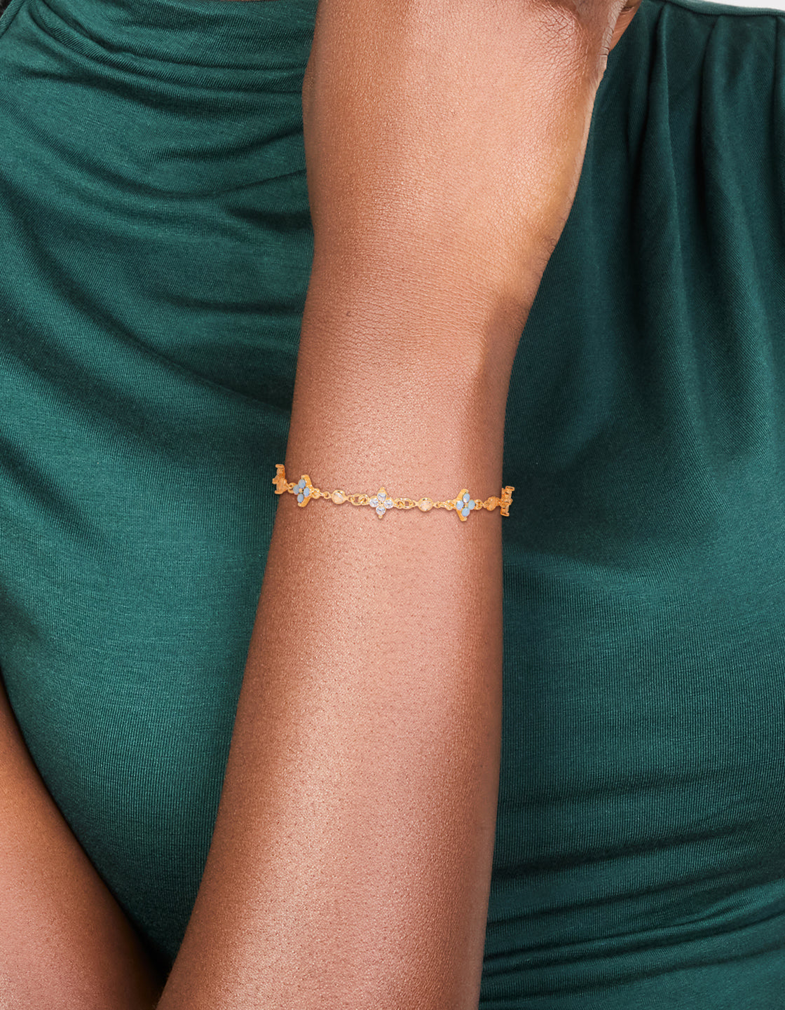 Gold Plated Cubic Zirconia & Blue Mini Flowers Bracelet