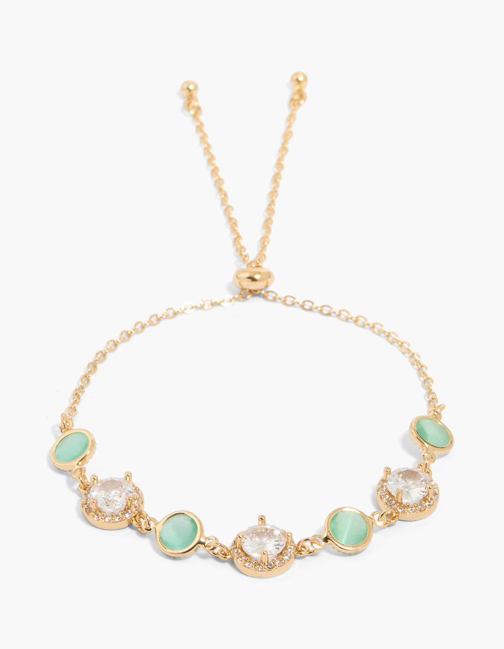 Showcasing a gold plated blue cubic zirconia large round halo toggle bracelet with in turquoise and clear front view