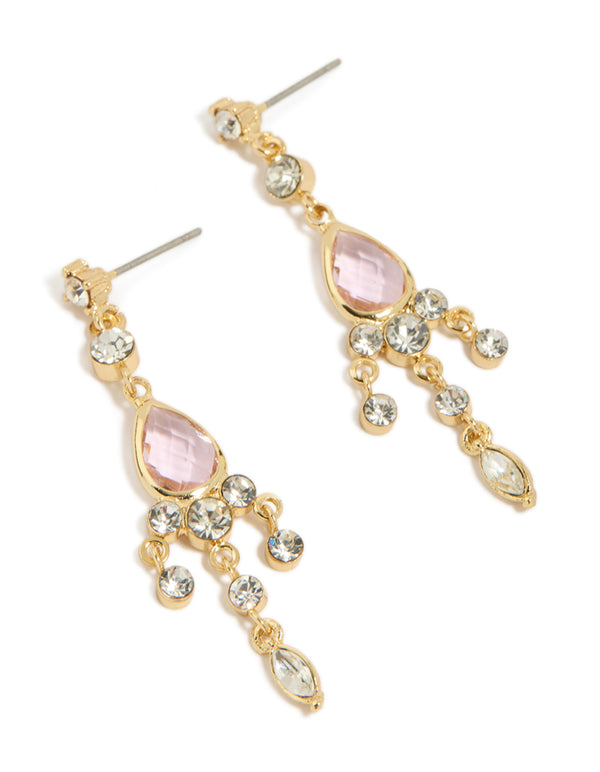 Beautifully crafted gold plated pink cubic zirconia drop detail earrings with charm front view
