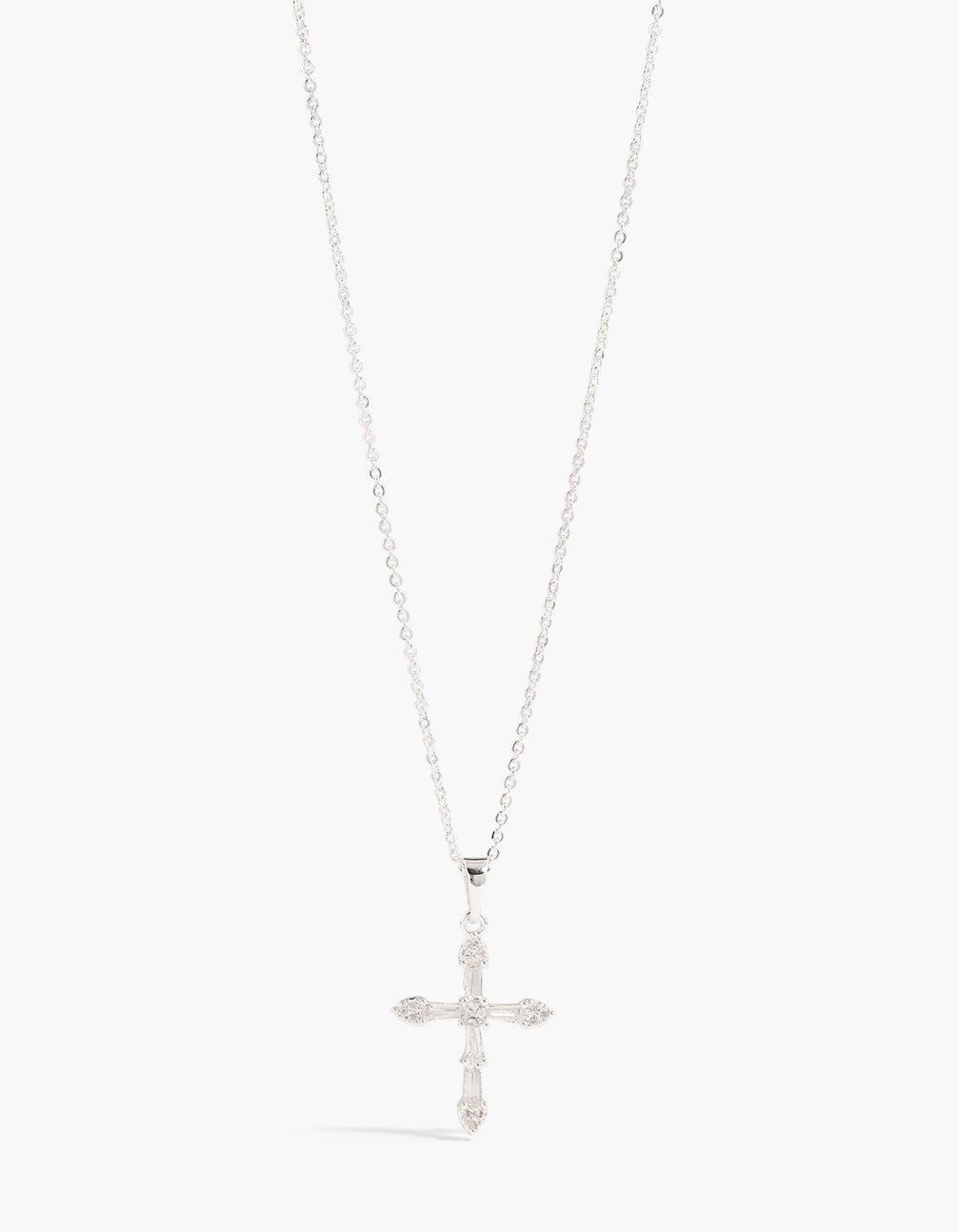 Showcasing a silver plated cubic zirconia large cross pendant necklace with statement styling close up view