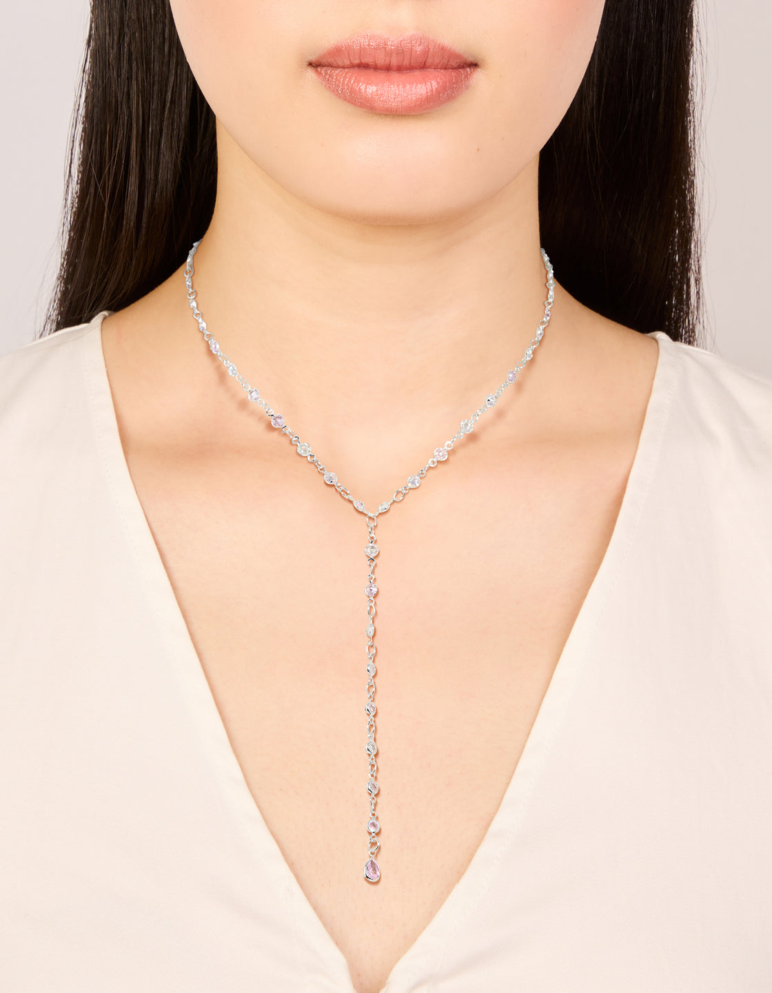 Silver Plated Cubic Zirconia Circle Details Y-Necklace