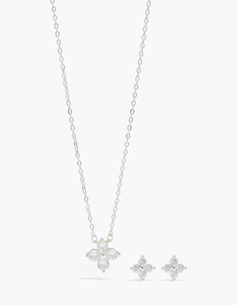 Silver Plated Cubic Zirconia Flower Necklace & Earrings Set