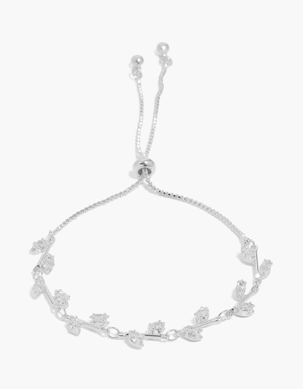Showcasing a bracelet featuring cubic zirconia, marquise stone cut, crafted from silver plated material, toggle closure front view