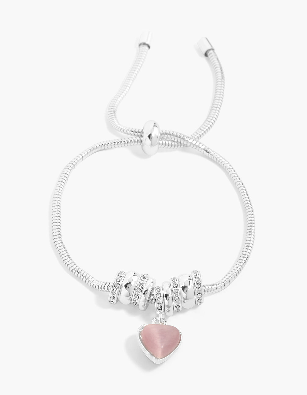 Beautifully designed silver plated pink puffy heart charm toggle bracelet featuring crystal cubic zirconia front view