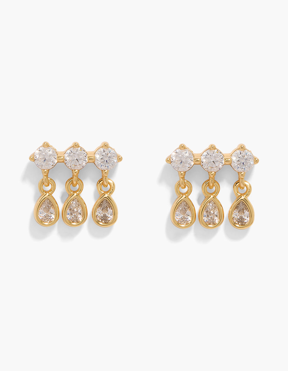 Showcasing gold plated cubic zirconia trio drop earrings front view