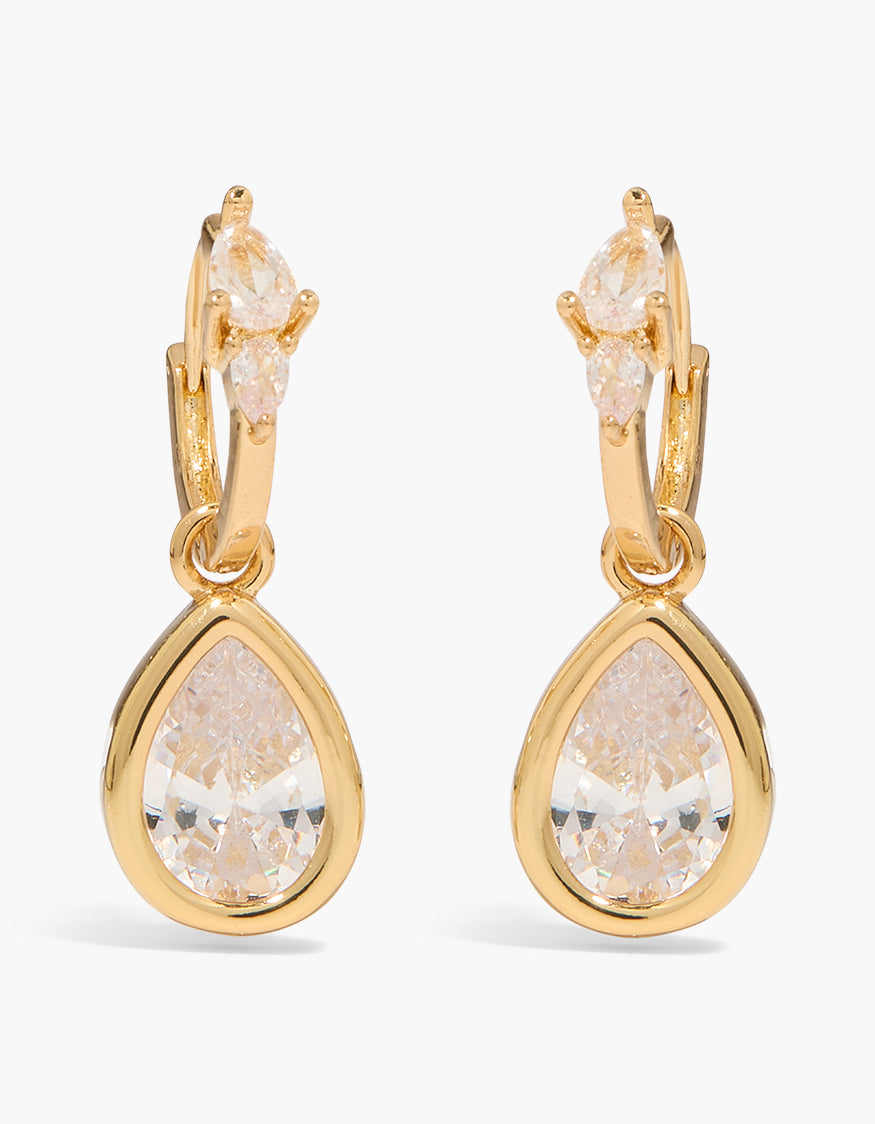 Beautifully crafted gold plated cubic zirconia teardrop hoop earrings in clear front view