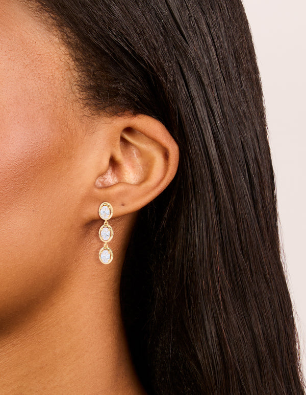 Featuring gold plated cubic zirconia trio oval drop earrings on ear view