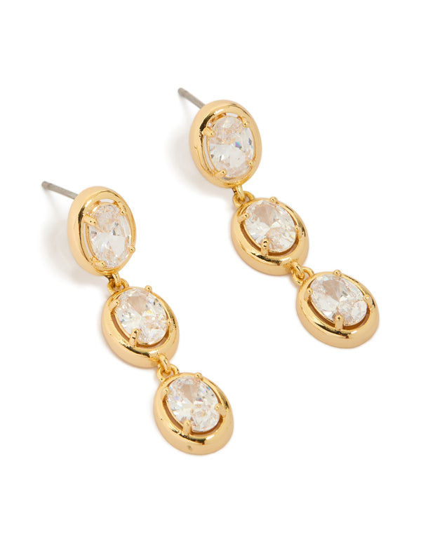 Presenting gold plated cubic zirconia trio oval drop earrings front view
