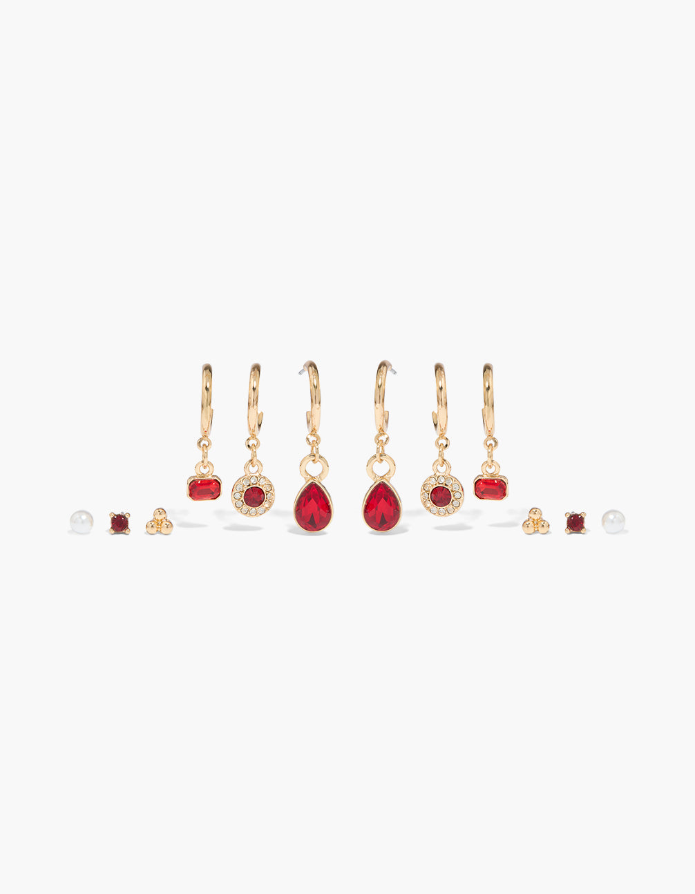Showcasing a gold pearl and red cubic zirconia earrings 6-pack featuring with baguette stone in crimson and clear front view