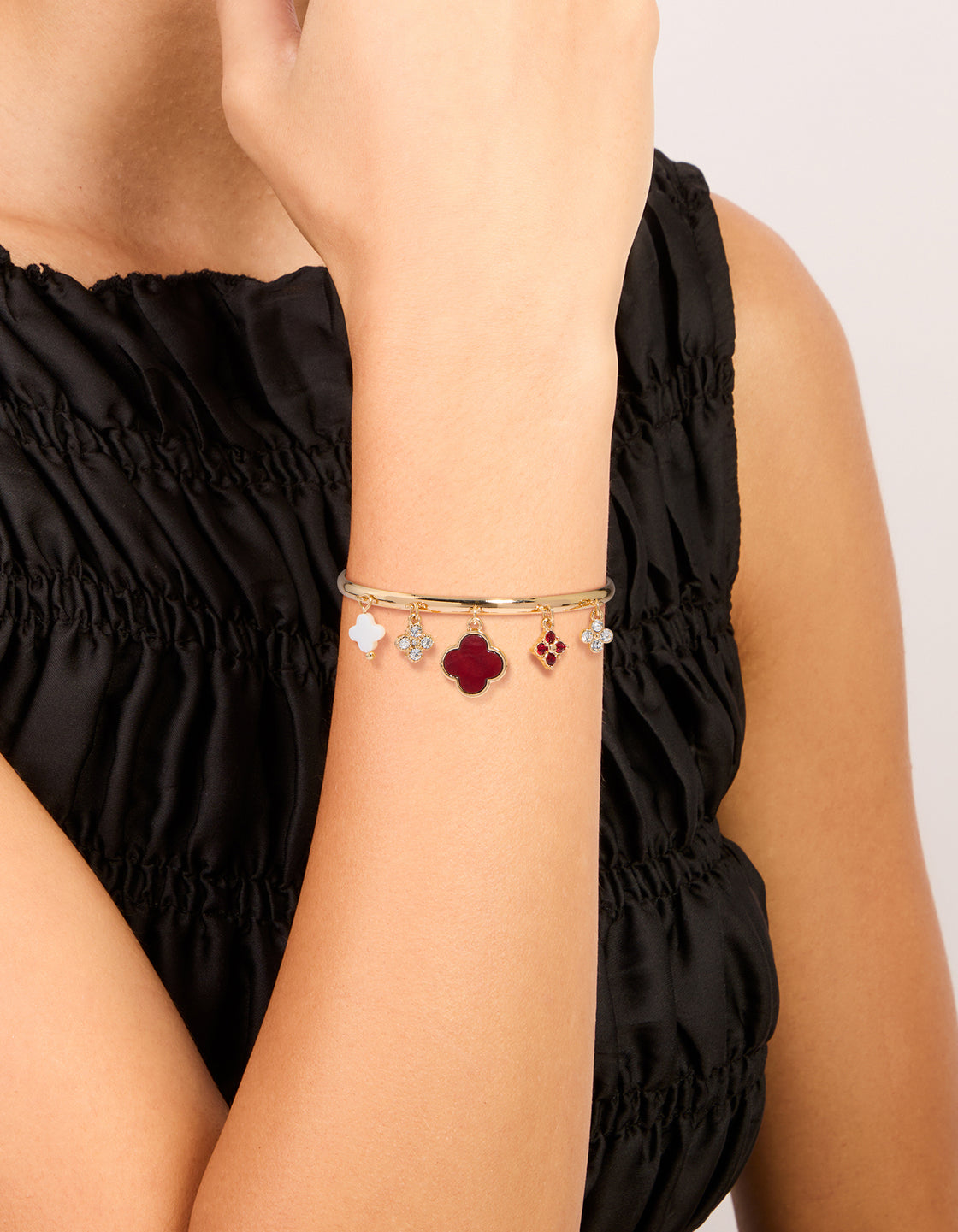 Gold Red & White Flower Charm Toggle Bracelet