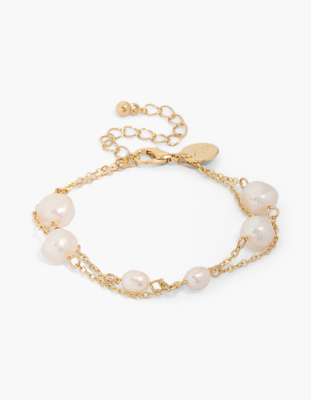Showcasing a gold plated freshwater pearls chain layered bracelet in front view