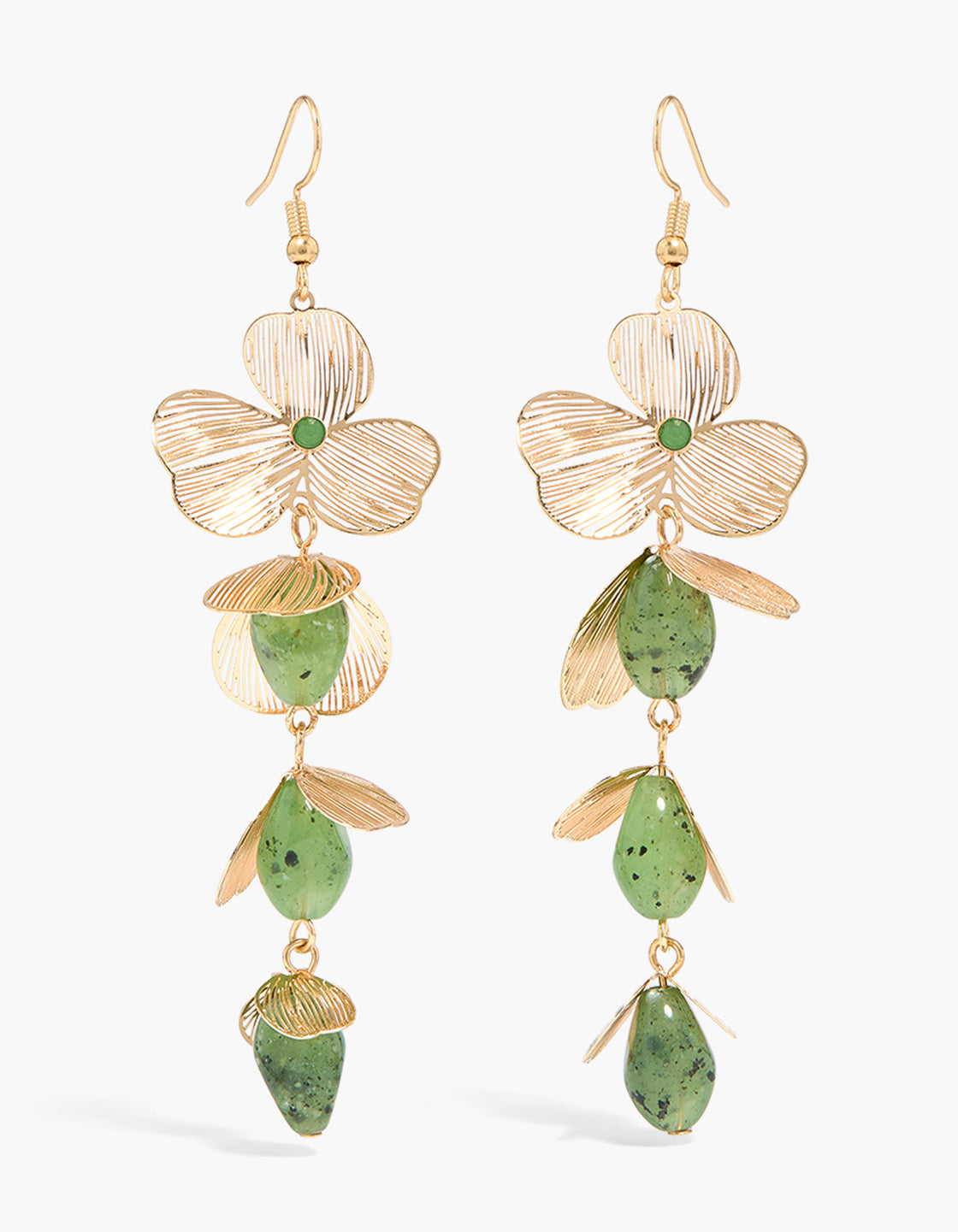 Showcasing statement drop earrings with laser cut floral design featuring green beaded accents in gold front view